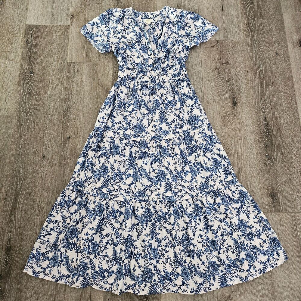 Anthropologie Maeve Somerset Dress in Ivory Blue Floral Tiered Cotton Dress M